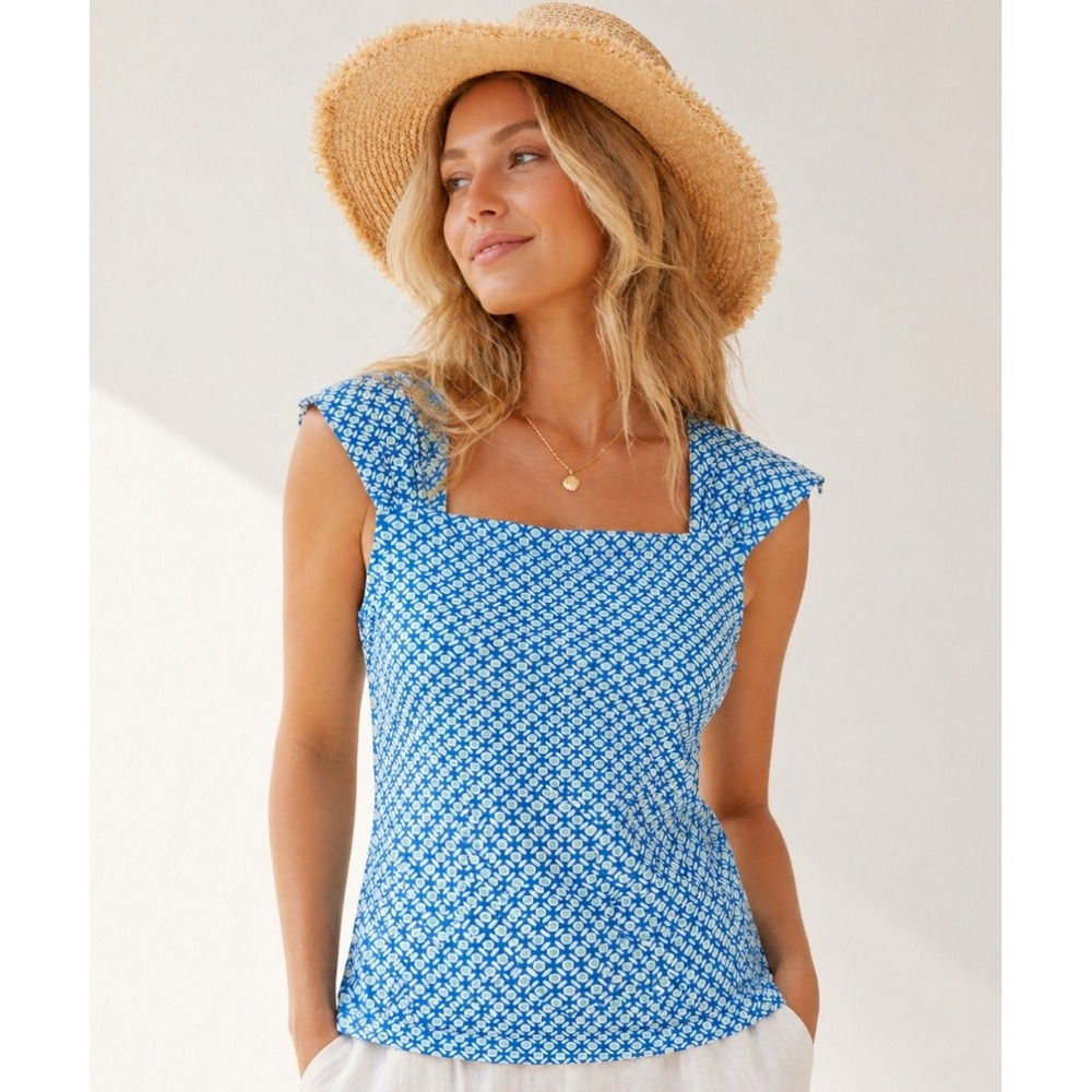 Lands' End Blue Geometric Size 8 Cap Sleeve Active Modest Tankini Swim Top